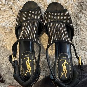 YSL black suede and gold studded heels